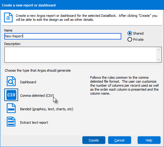 The create new report dialog showing that Report Types are now selectable since a Report Query exists for the DataBlock.